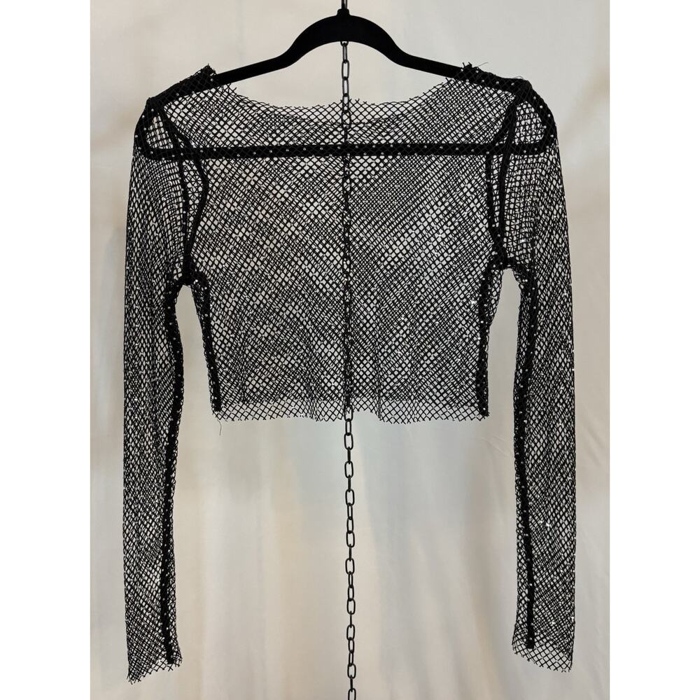 Ladies Rhinestone Mesh Black Top Rock Goth Bling Y2K Punk Metal